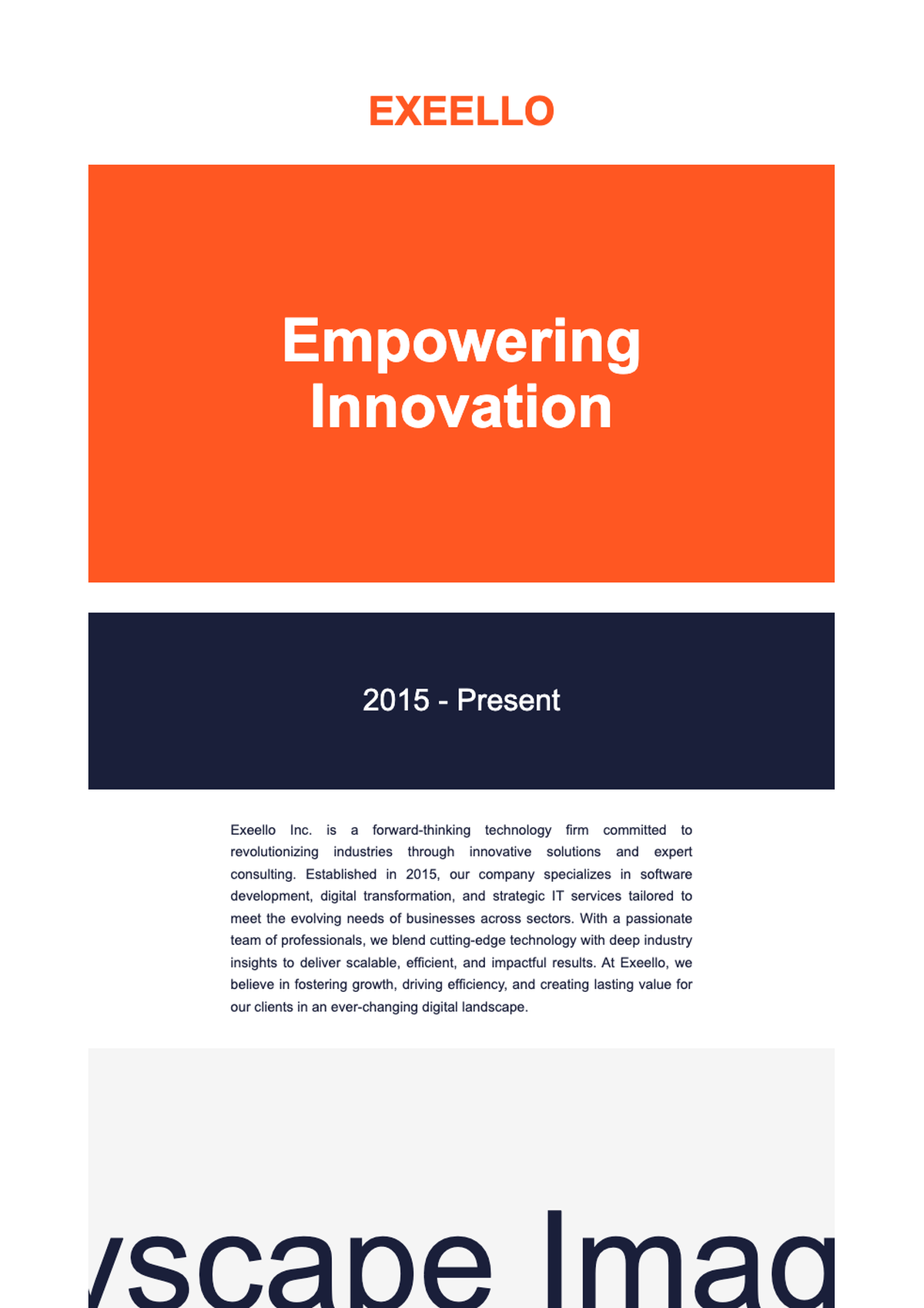 Corporate company profile brochure for Exeello inc with dual cityscape imagery and bold color_variant_1